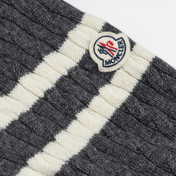 Moncler Grey Down Jacket | Wool Knit Sleeves, White Stripes, 90% White Duck Down - Picture 4 of 9